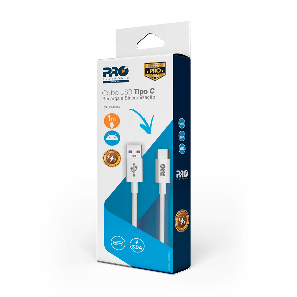 Cabo Carregador Usb Type C 3.0a 1m Caus-100c Branco Proeletronic