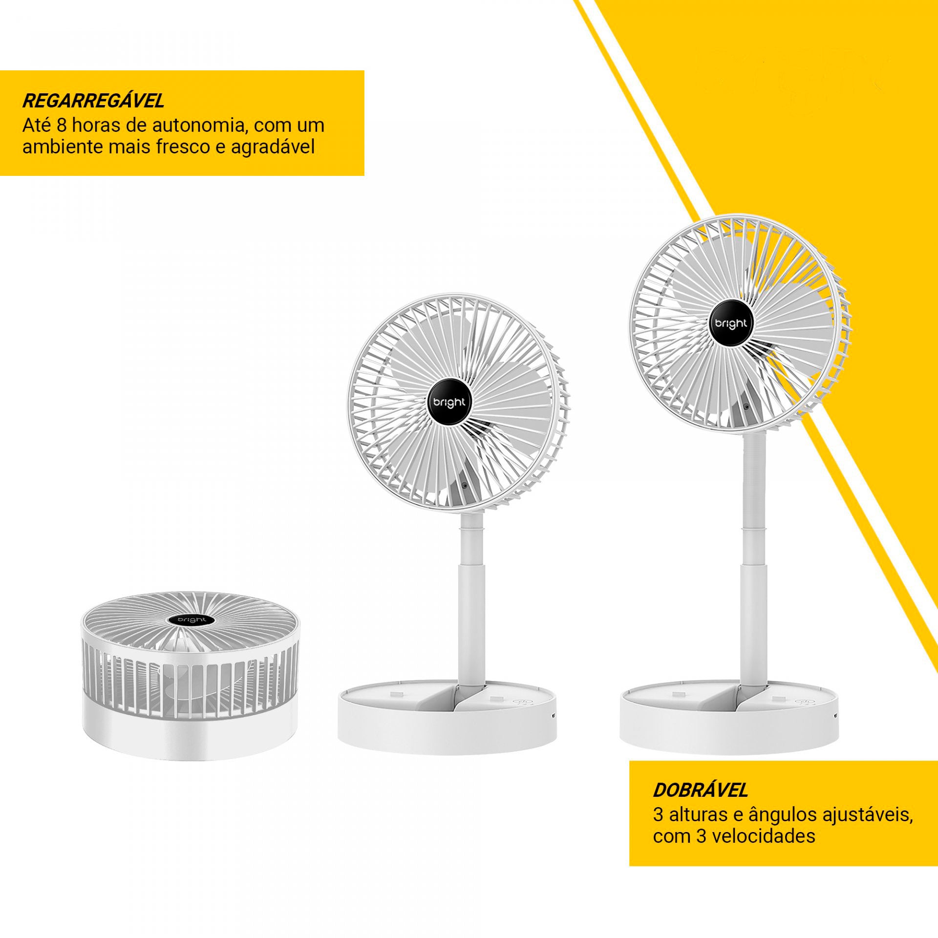 Ventilador Portatil Recarregavel C/ Ajuste De Altura Vn002 Branco Bright