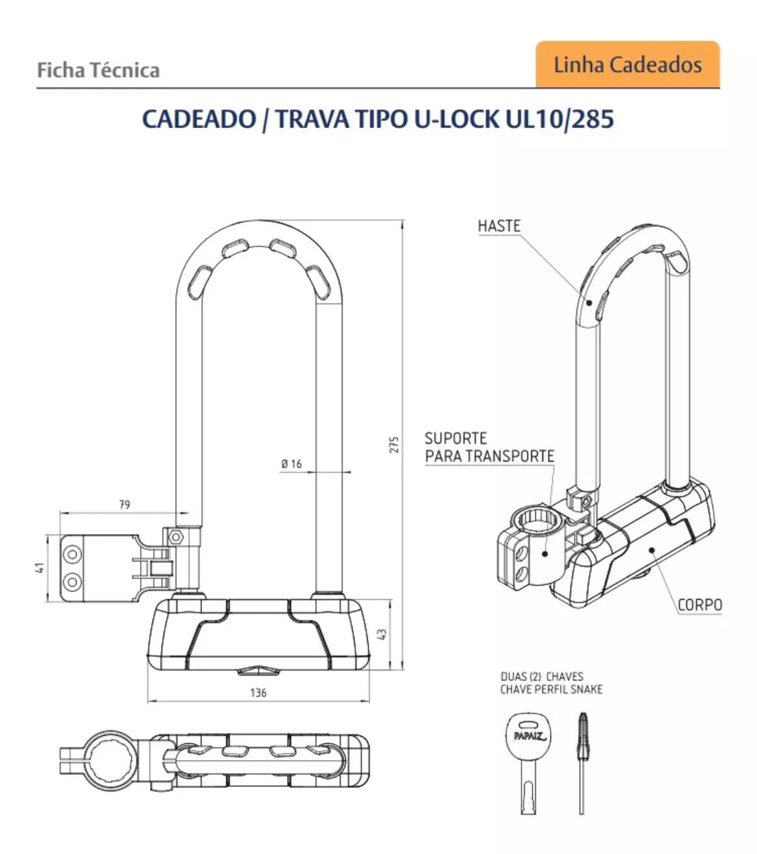 Cadeado Trava Tipo U-lock Ul 10/285 Bicicleta Moto Papaiz