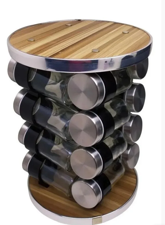 Torre De Porta Temperos Condimentos Giratório Inox 16 Potes Base Giratório