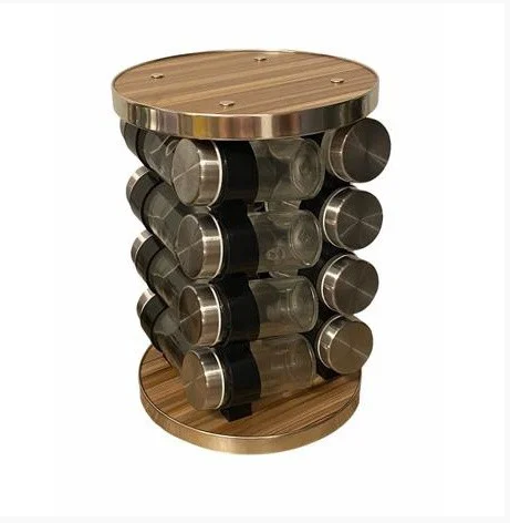 Torre De Porta Temperos Condimentos Giratório Inox 16 Potes Base Giratório