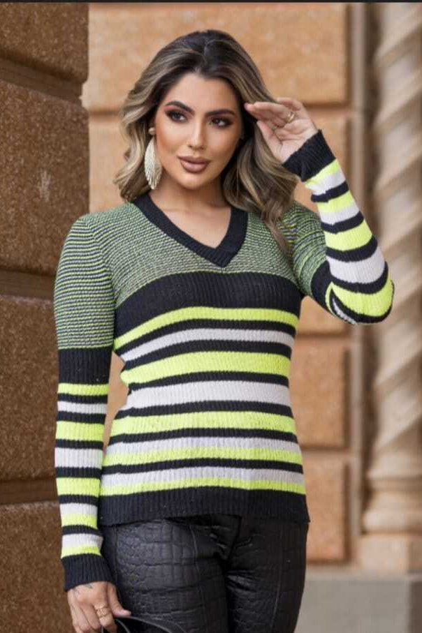 Blusa Tricot Manga Longa Listra Gola V