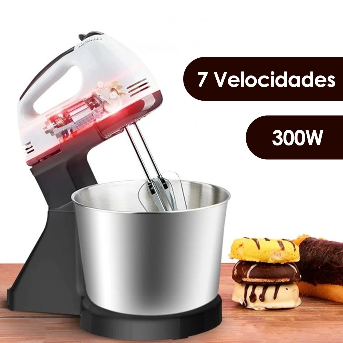 Batedeira De Bolo Tigela Prática Cozinha 7 Velocidades 2 Litros 300w