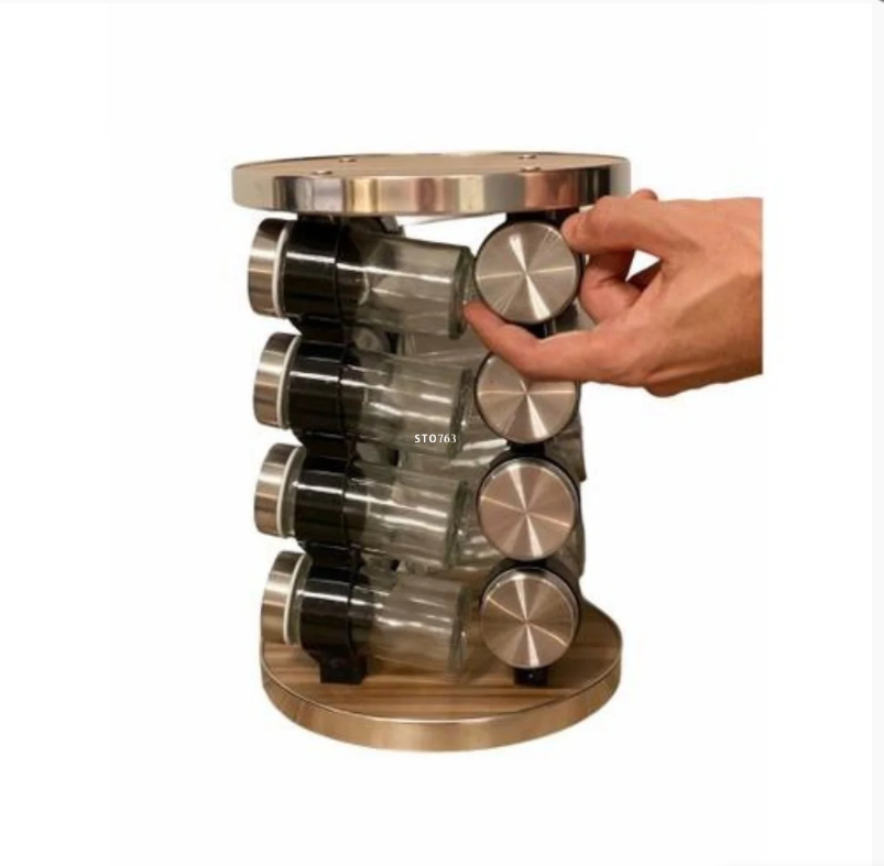 Torre De Porta Temperos Condimentos Giratório Inox 16 Potes Base Giratório