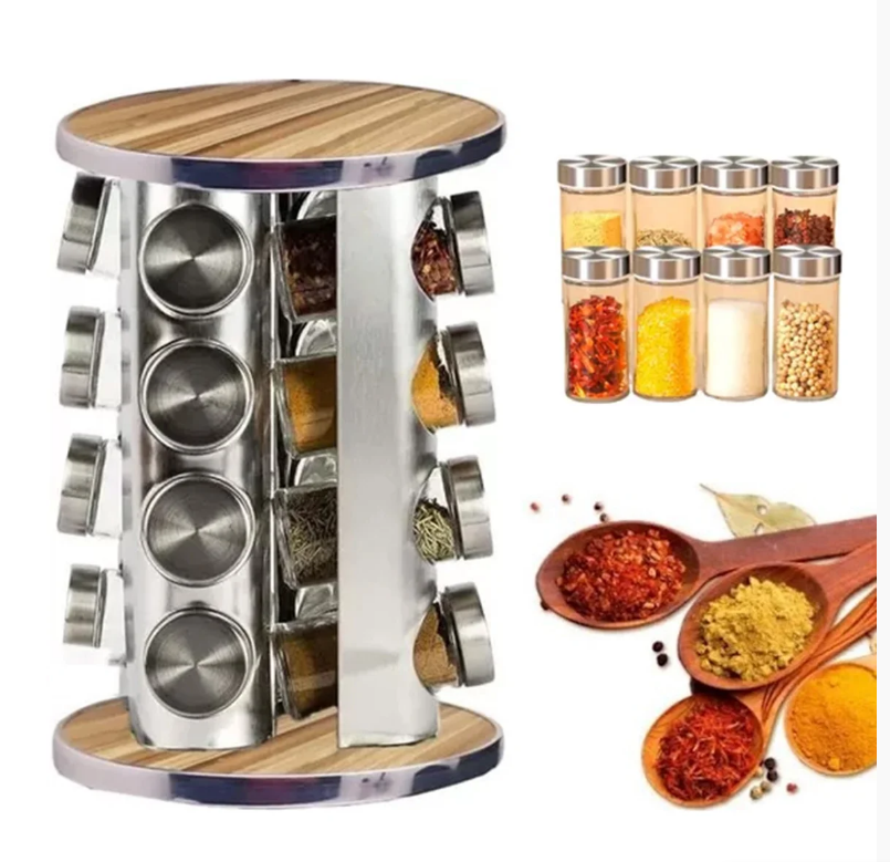 Torre De Porta Temperos Condimentos Giratório Inox 16 Potes Base Giratório
