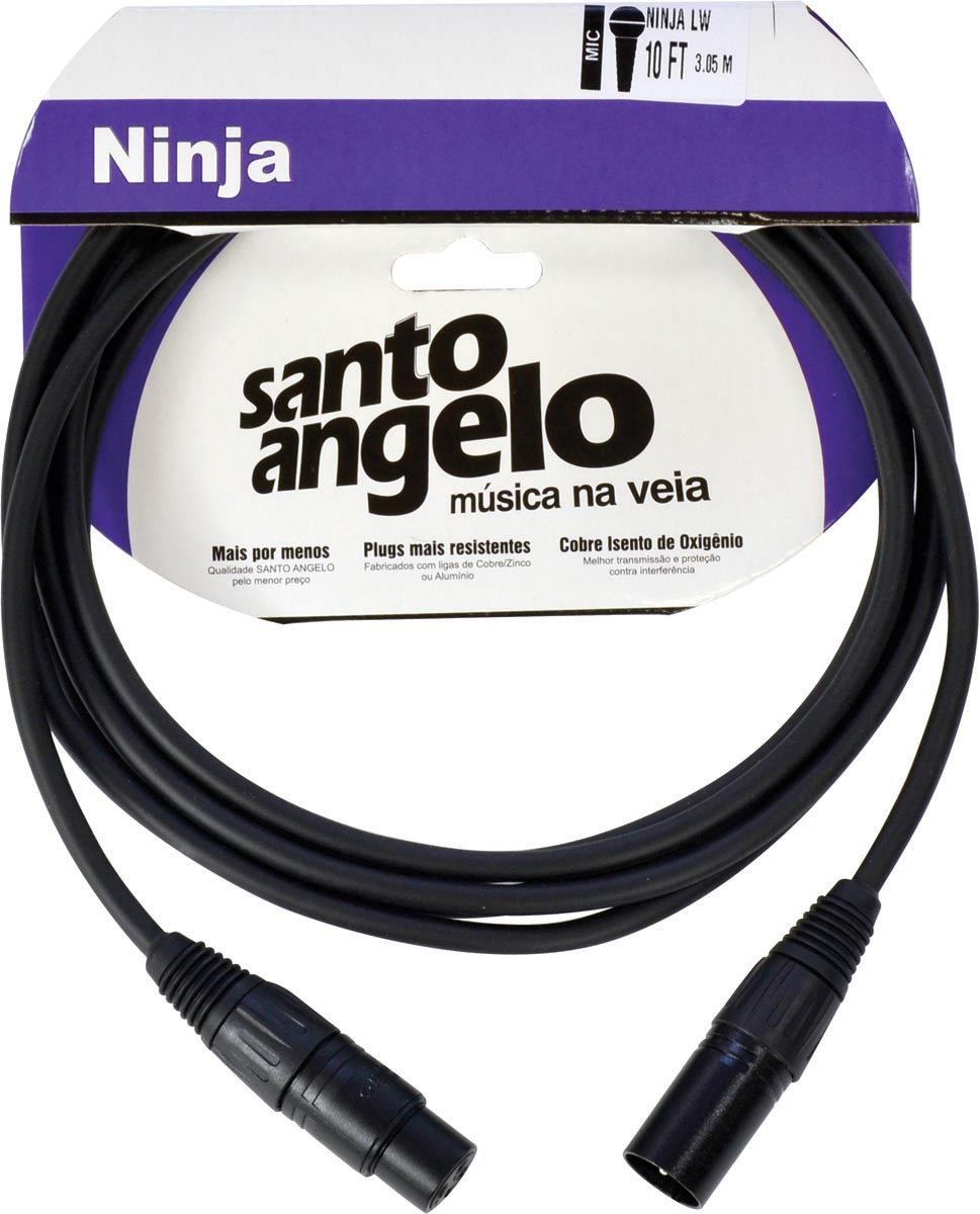 Cabo Para Microfone 0,20 Mm Conector Xlr Macho/ Xlr Femea Ninja 10ft 3,05 Metros Preto