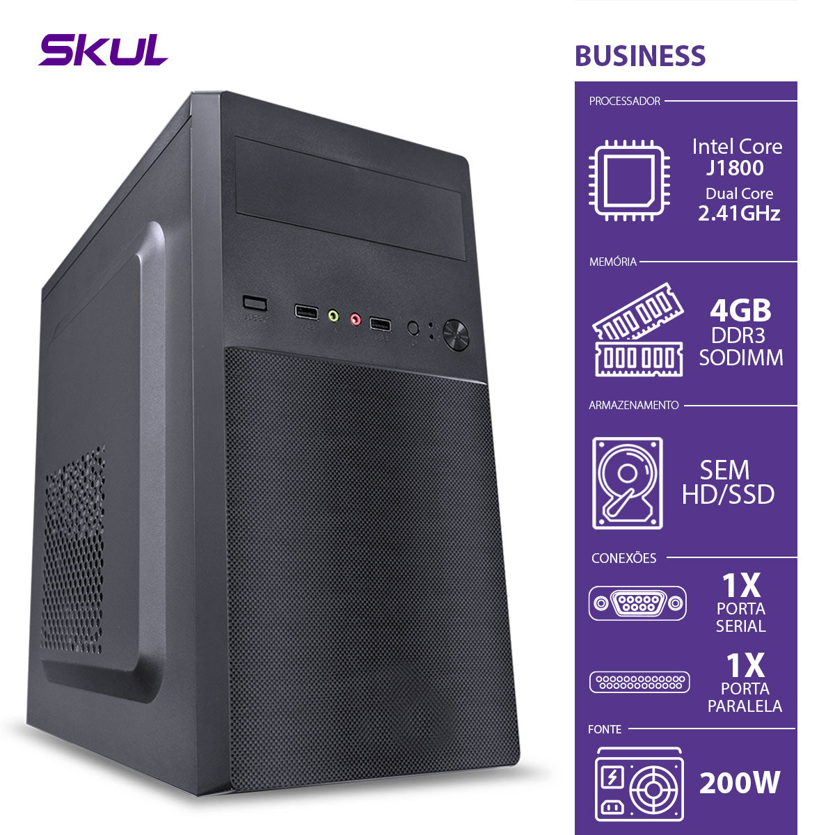COMPUTADOR HOME H100 - DUAL CORE J1800 2.41GHZ MB ASROCK MEM 4GB DDR3 SODIMM SEM HD/SSD 1 SERIAL 1 PARALELA FONTE 200W