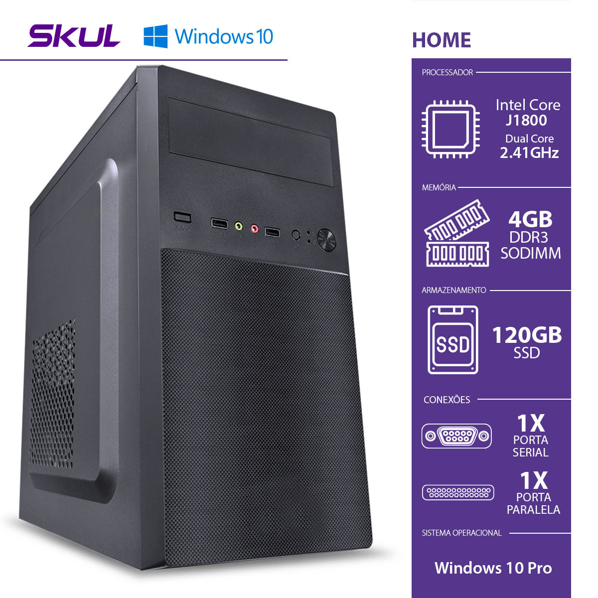 COMPUTADOR HOME H100 - J1800 2.41GHZ MB ASROCK MEM 4GB DDR3 SODIMM SSD 120GB 1SERIAL 1PARALELA FONTE 200W WINDOWS 10PRO
