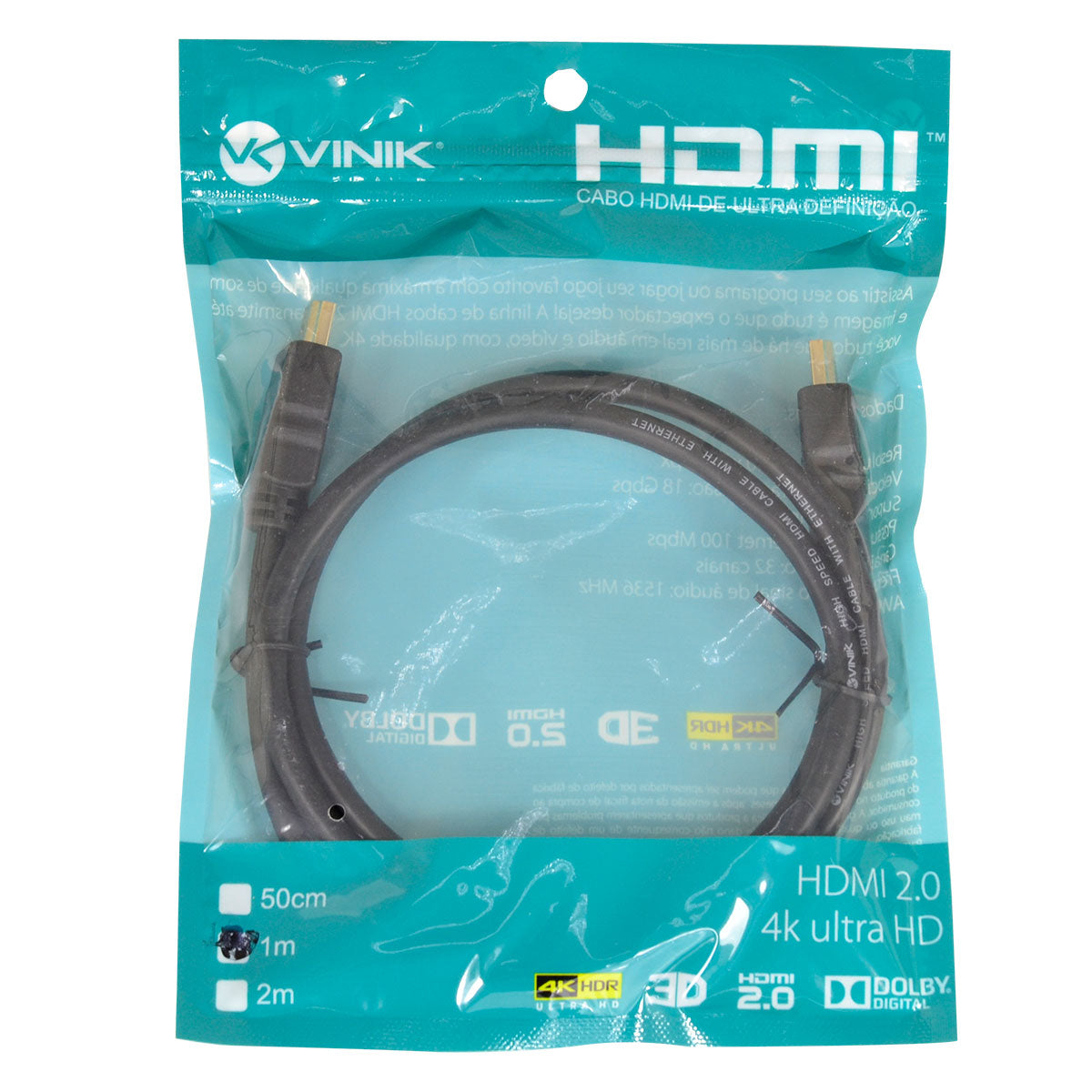 CABO HDMI 2.0 4K ULTRA HD 3D CONEXÃO ETHERNET 1 METRO - H20-1