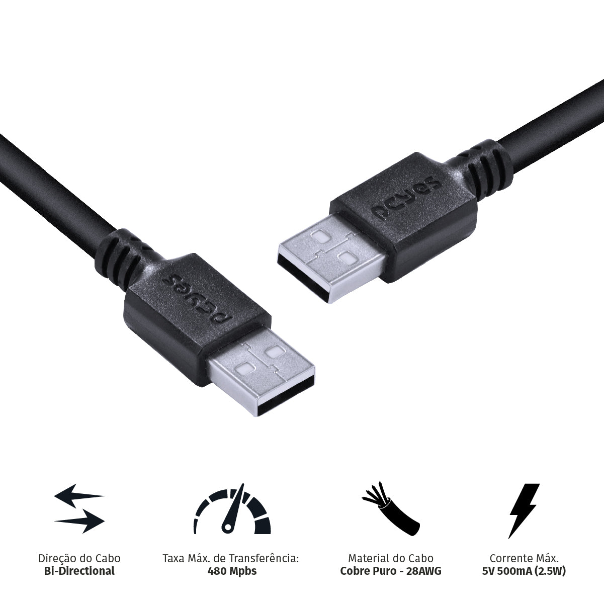 Cabo De Dados Usb A 2.0 Macho Para Usb A 2.0 Macho 28awg Puro Cobre 2 Metros - Puam2-2
