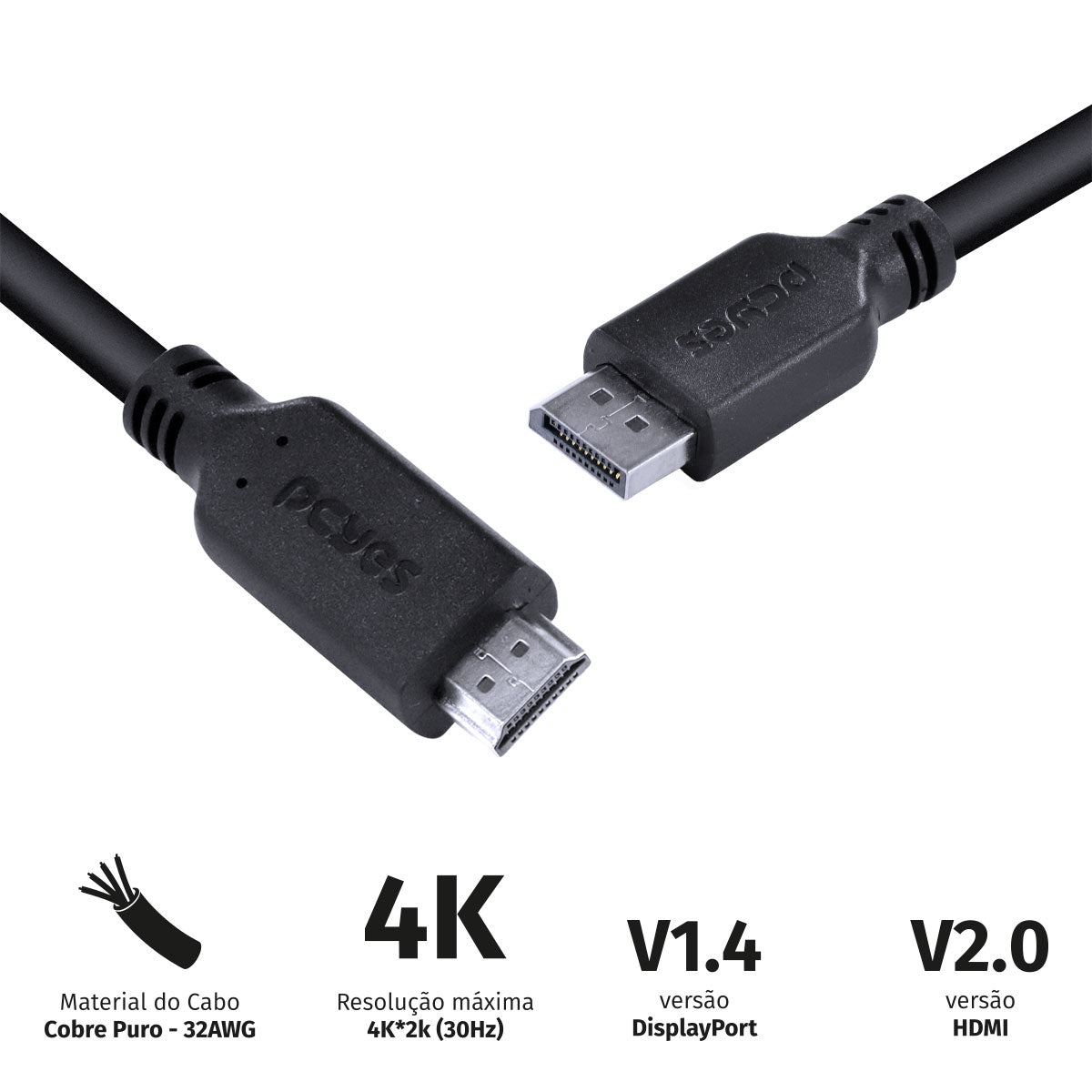 Cabo Displayport Macho Para Hdmi 2.0 Macho 2 Metros - Pdphm-2