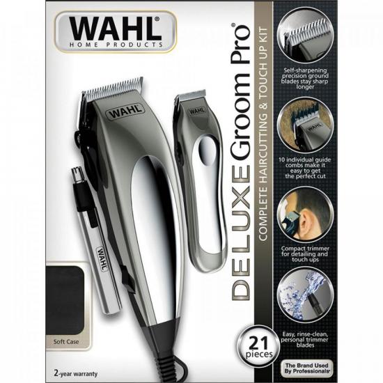 Kit Maquina e Aparador 220V Deluxe Groom Pro Prata WAHL