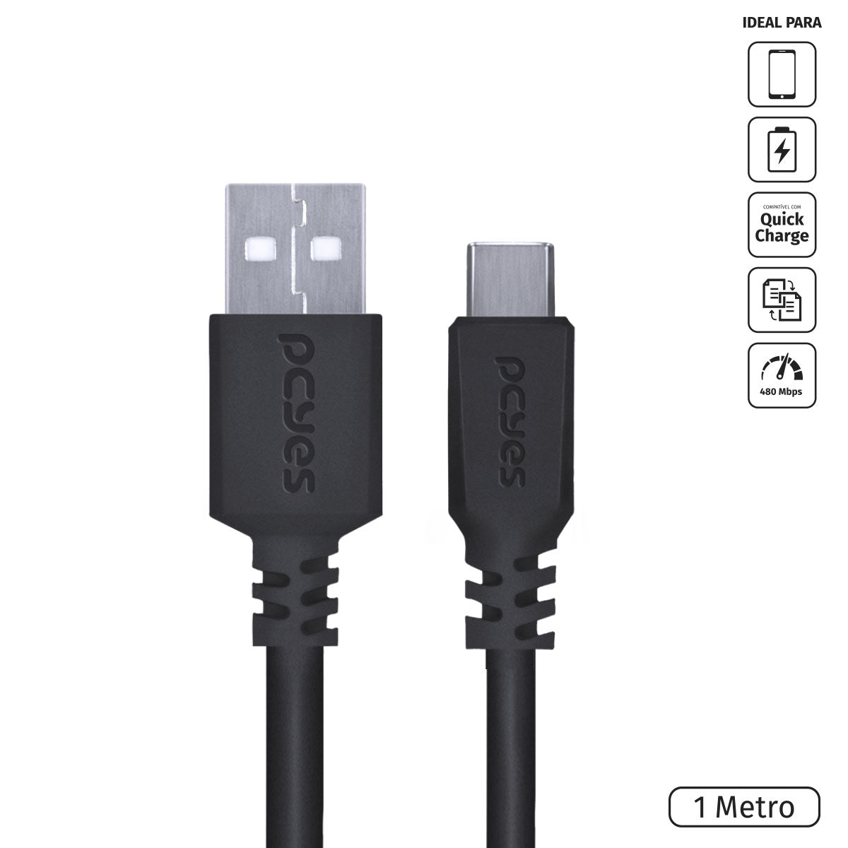 Cabo Para Celular Smartphone Usb A 2.0 Para Usb Tipo C 1 Metro Preto - Puacp-01