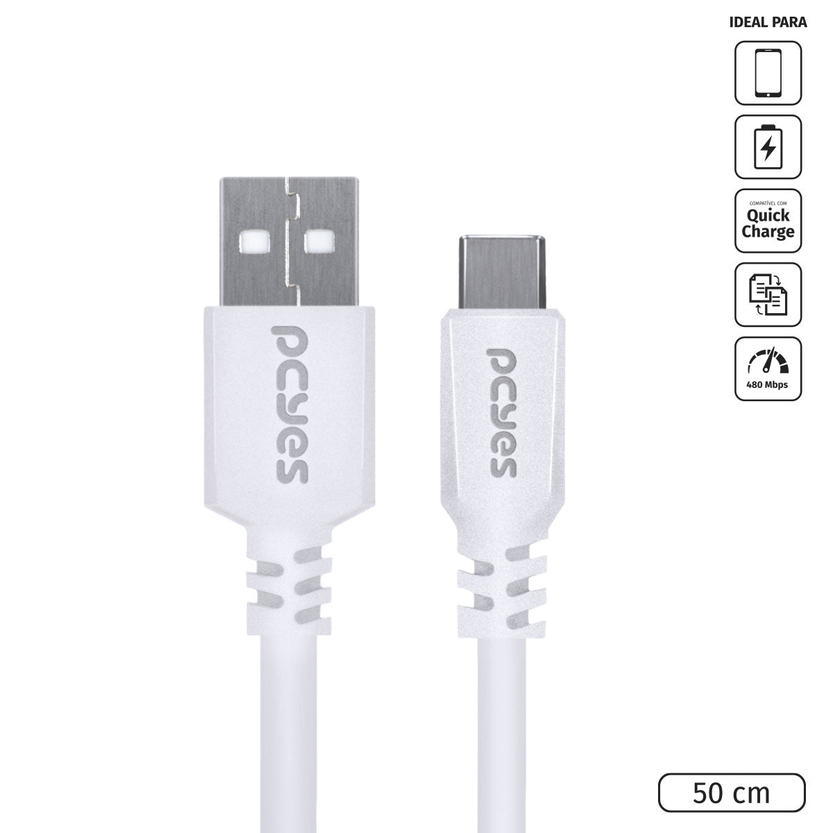 Cabo Para Celular Smartphone Usb A 2.0 Para Usb Tipo C 50 Cm Branco - Puacb-05