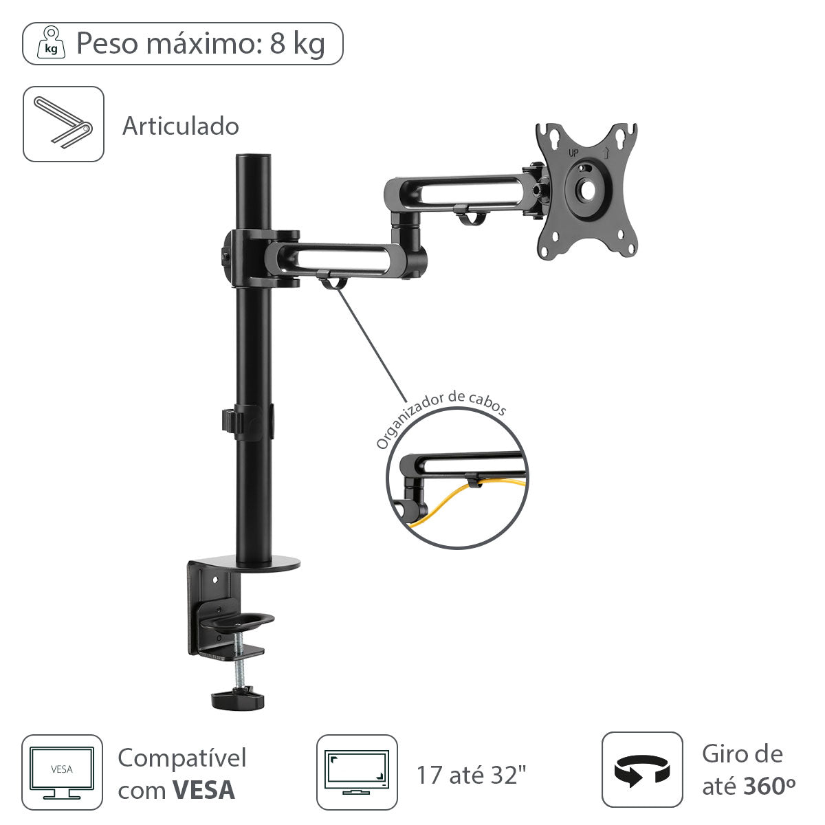 Suporte Para Monitor De 17" A 32" Articulado Rotação 360° E Organizador De Cabo - Sm400a