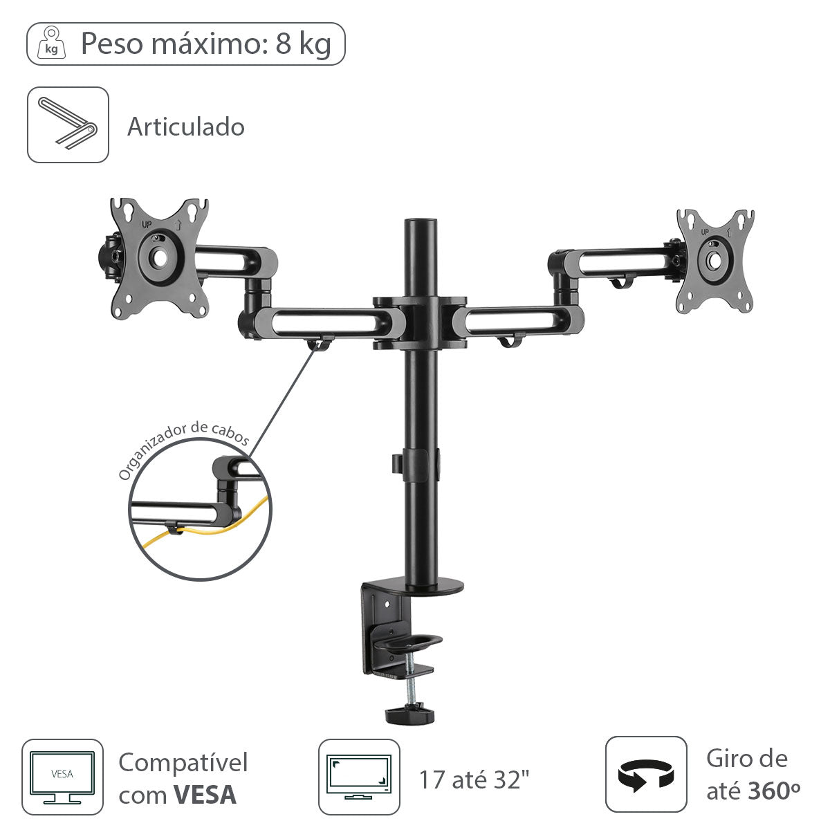 Suporte Para 2 Monitores De 17" A 32" Articulado Rotação 360° E Organizador De Cabo - Sm400b