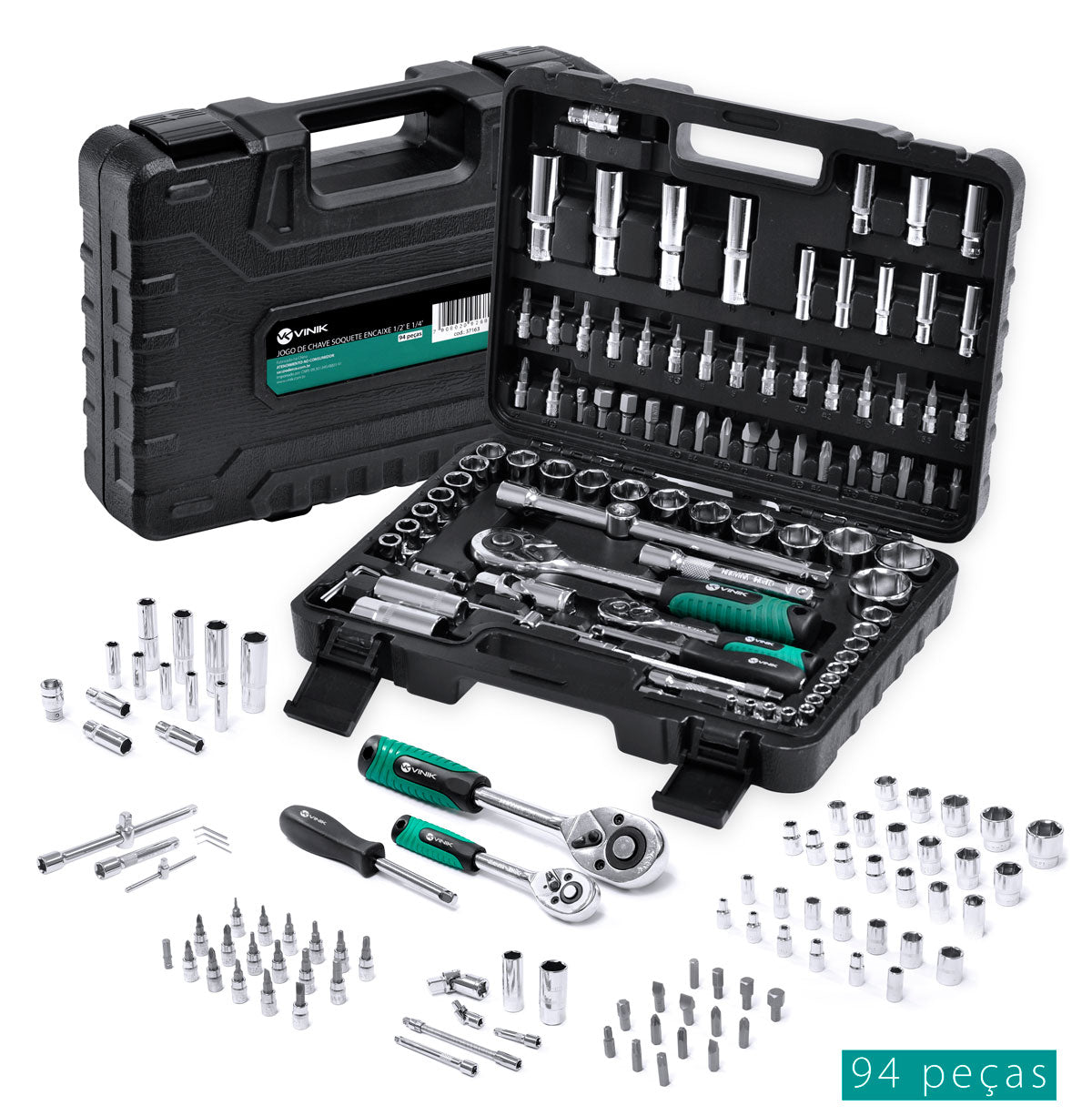 Jogo De Chave Soquetes Encaixe 1/2" E 1/4" Com 94 Peças