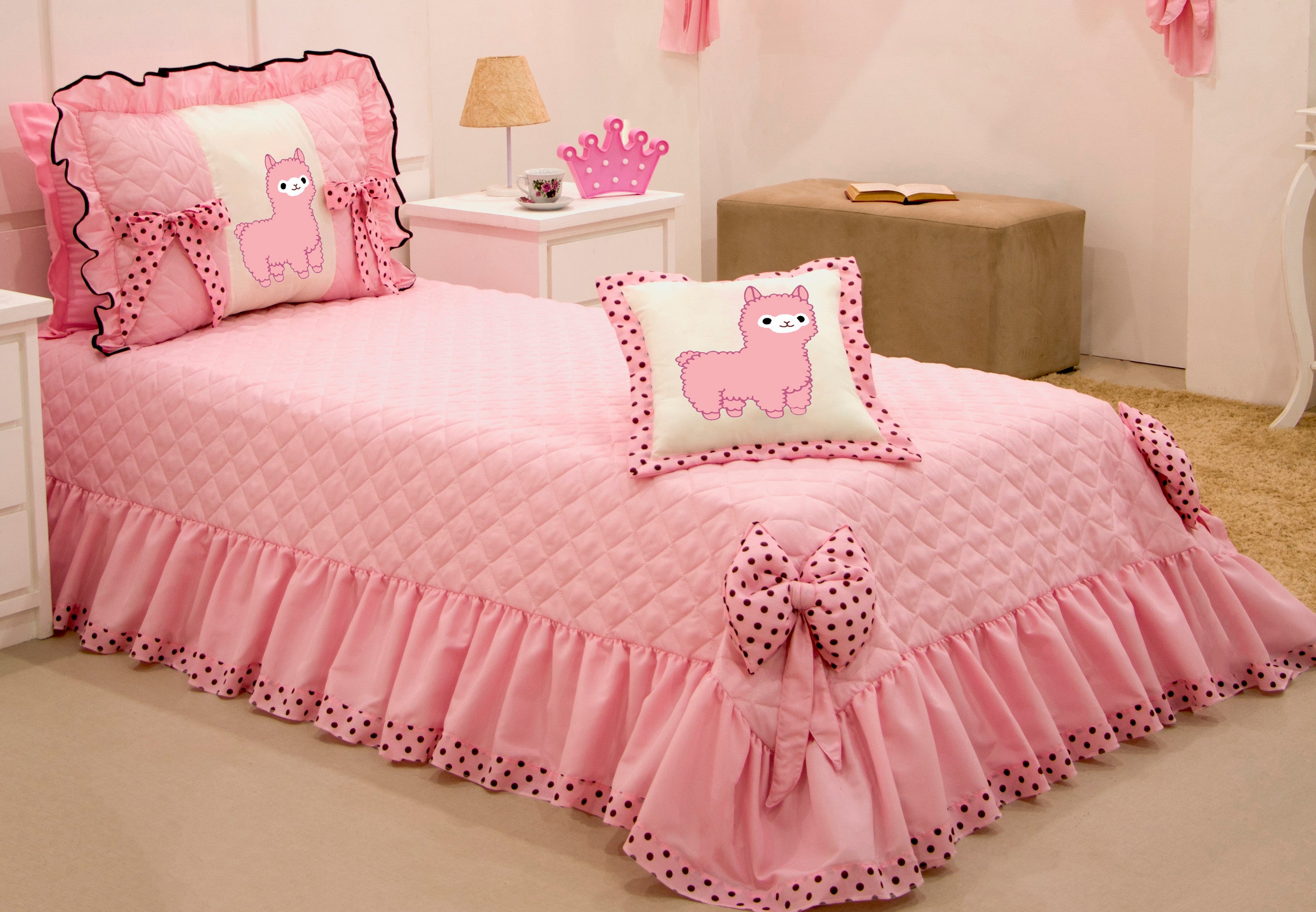 Colcha Cobre Leito Solteiro Lhama 03 Pçs Rosa