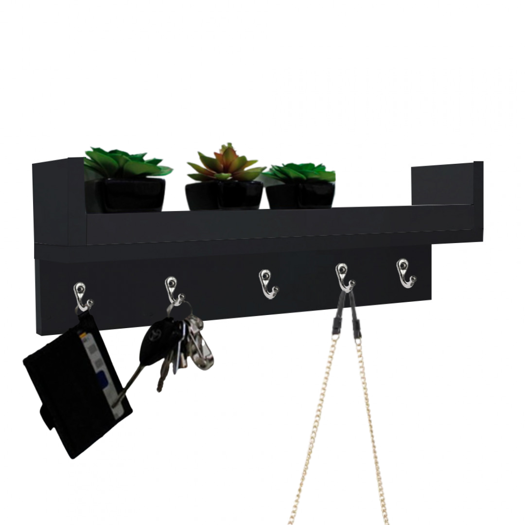 Porta Chave Com Prateleira Preto Em Mdf