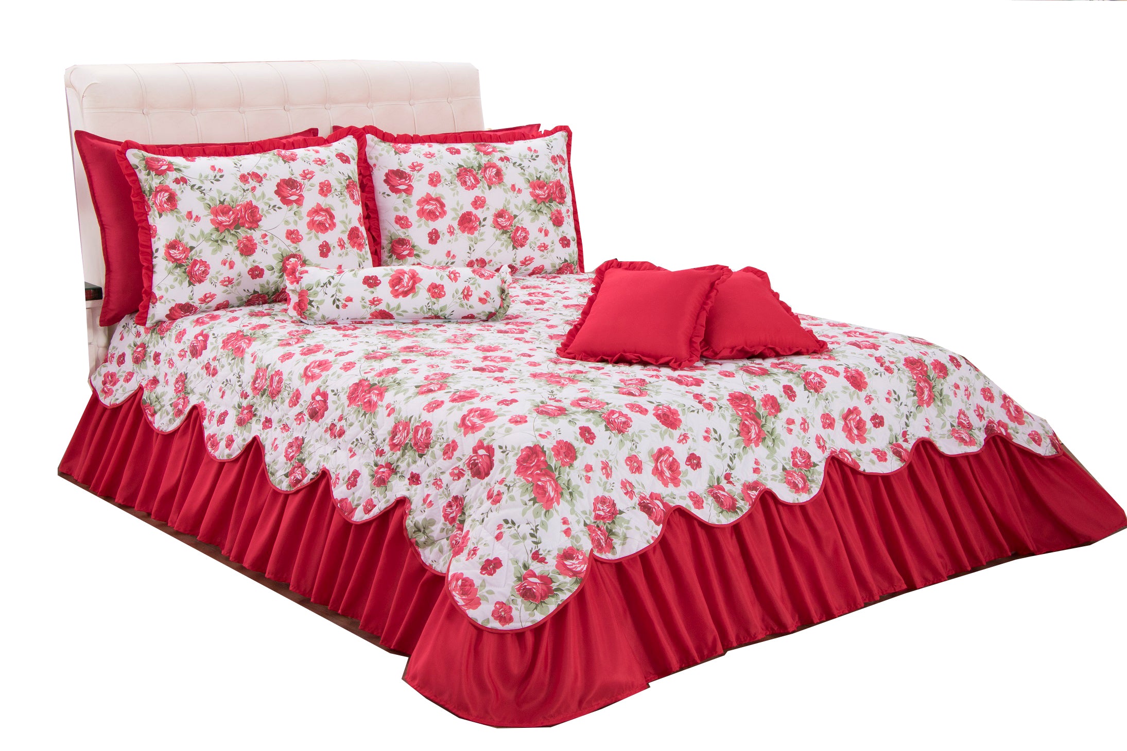 Kit Colcha Cobre Leito Belize Casal Queen 06 Pçs Floral Vermelho