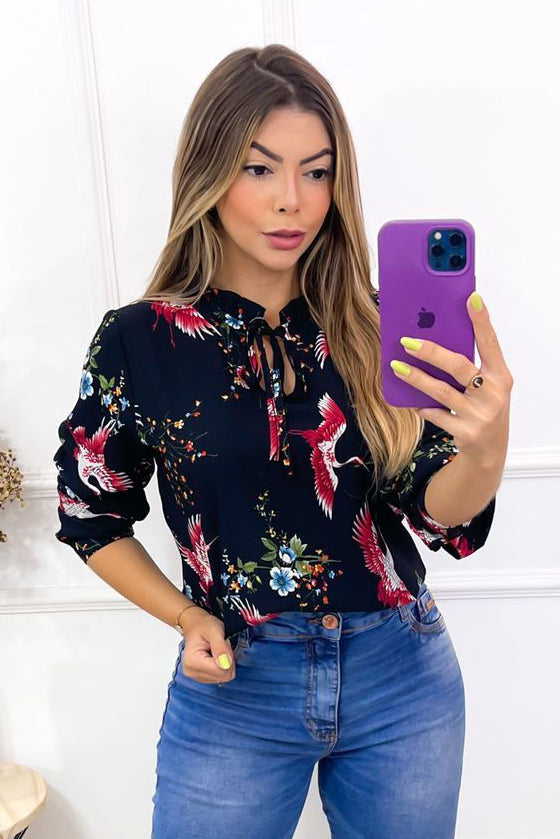 Blusa Crepe Manga Longa Beija Flor