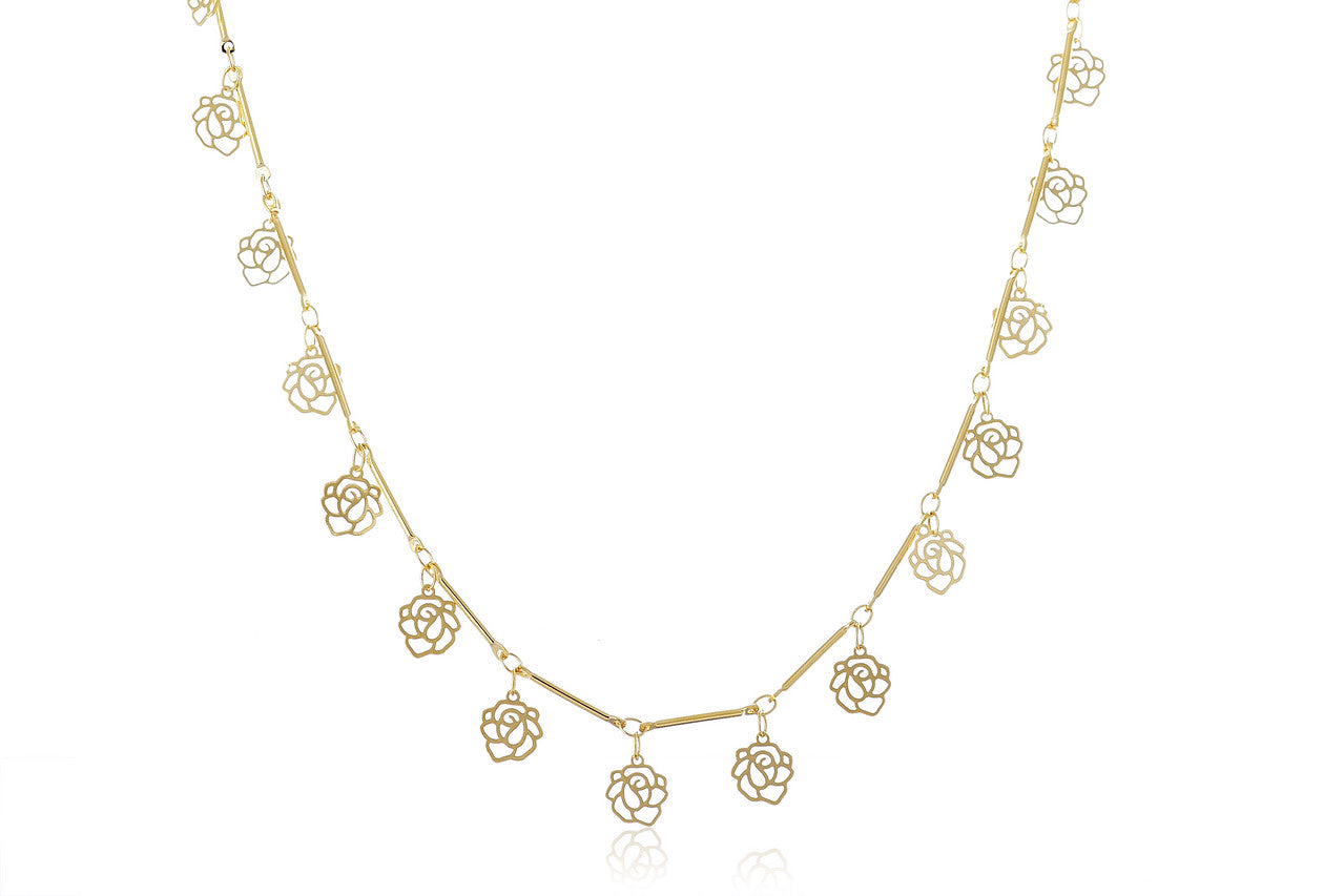Colar Com Corrente Com Mini Flores Folheado Em Ouro 18k