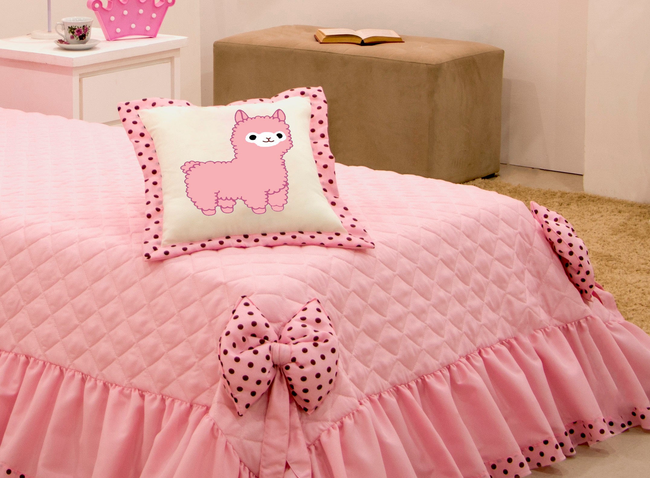 Colcha Cobre Leito Solteiro Lhama 03 Pçs Rosa