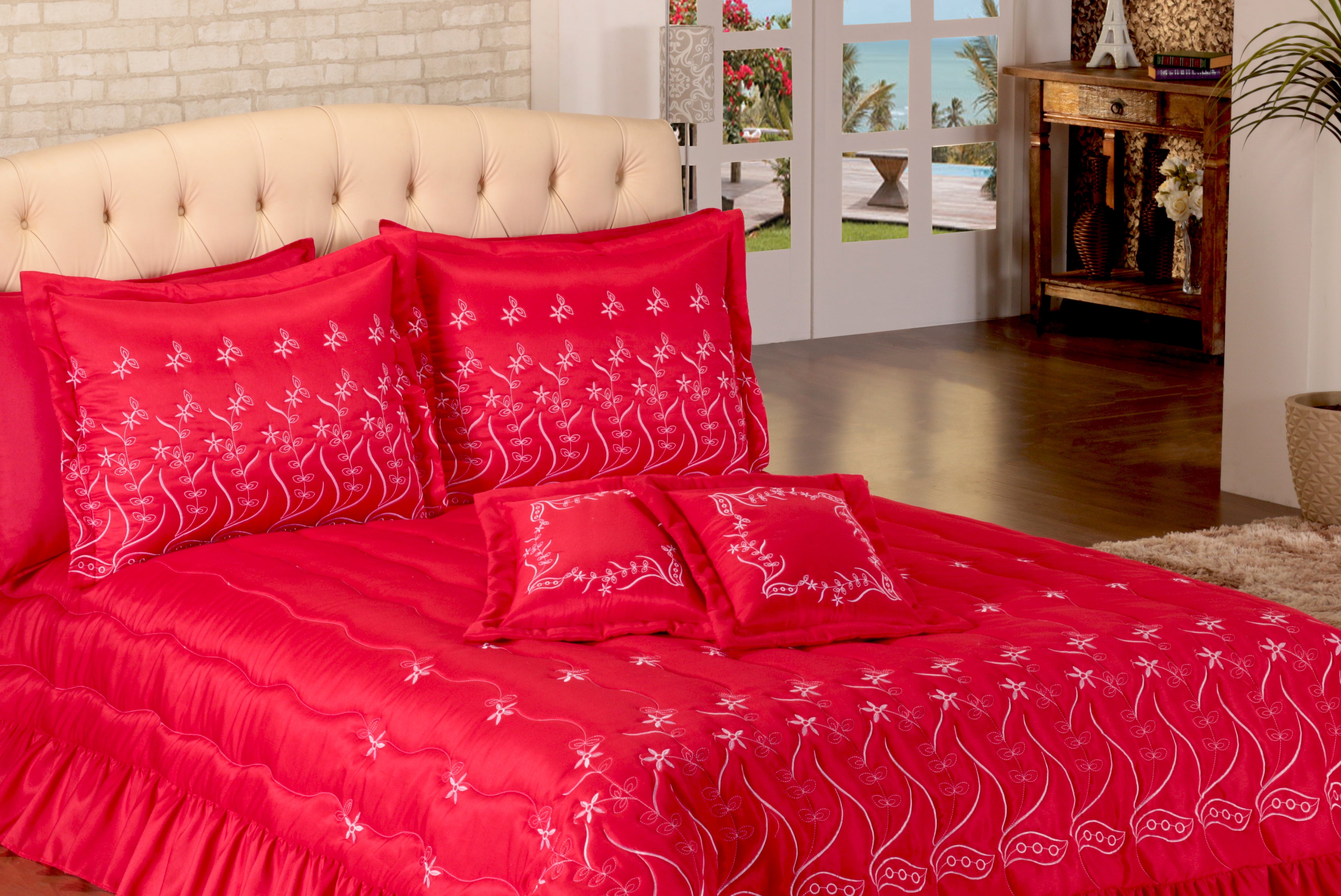 Cobre Leito Casal King Size Alice  07 Peças Vermelho