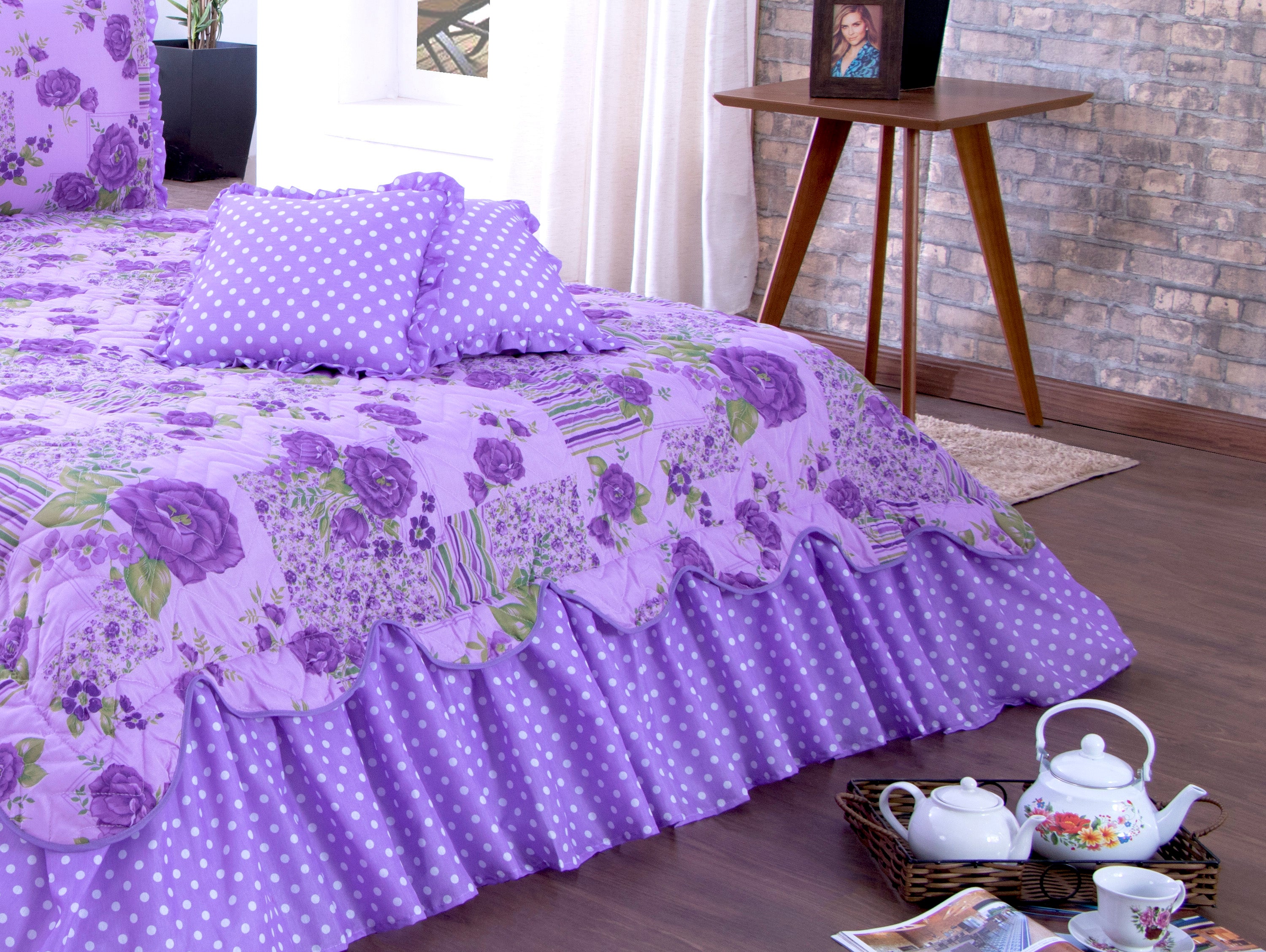 Kit Colcha Cobre Leito Belize Casal Queen 06 Pçs Floral Lilas
