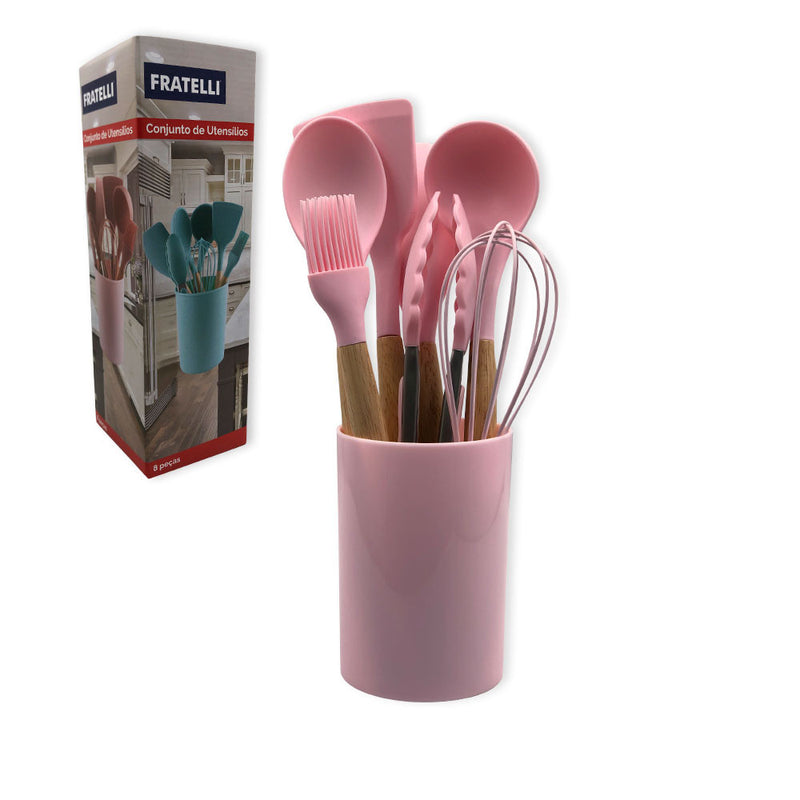 Conjunto de Utensilios Silicone 8 Peças - Rosa