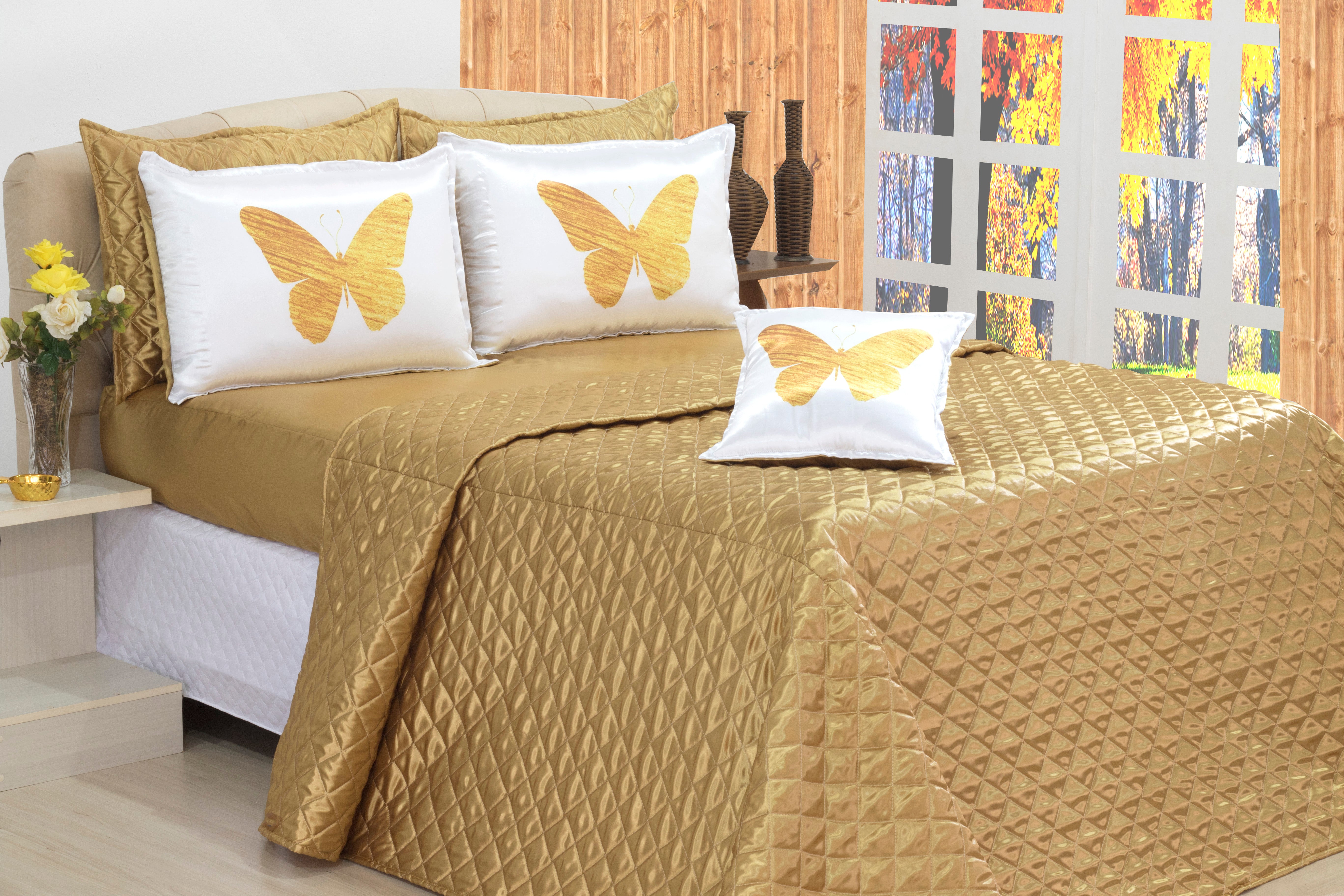 Kit Cobreleito E Lençol Capim Dourado Casal Padrão 07 Pçs