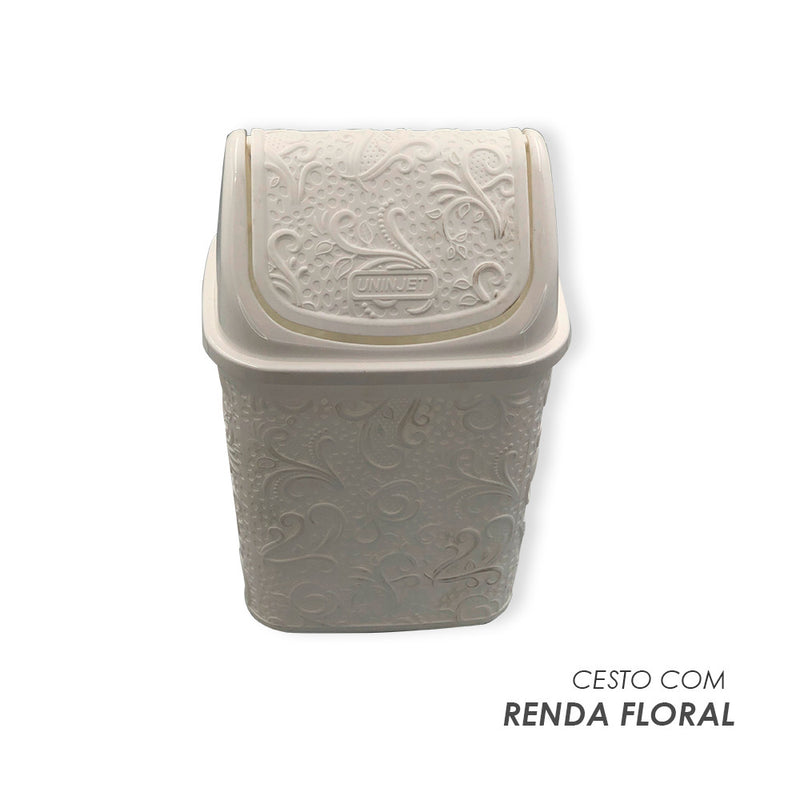 Cesto de Lixo Basculante Renda Floral 4,5 litros Branco