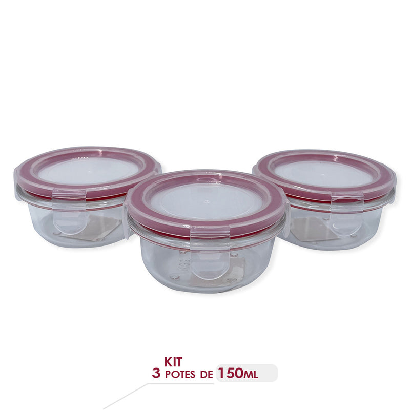 Conjunto 3 Potes De Vidro Com Tampa Hermética Redondo 150ml