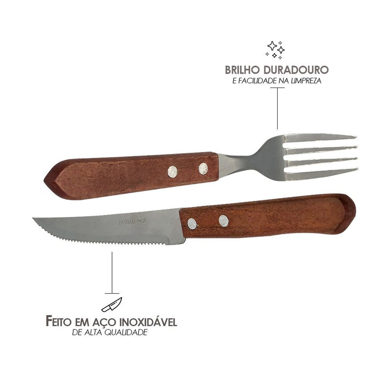 Conjunto de Garfo e Faca Inox 12 Peças - Wooden