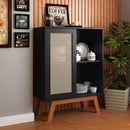 Balcão Alto Aparador Buffet Rattan Pés Em Madeira Preto