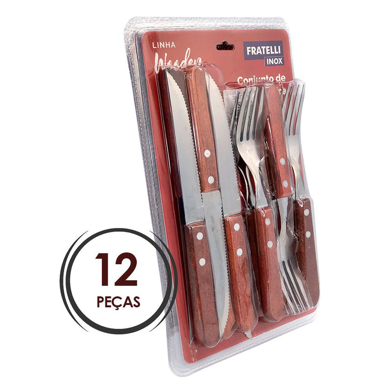 Conjunto de Garfo e Faca Inox 12 Peças - Wooden