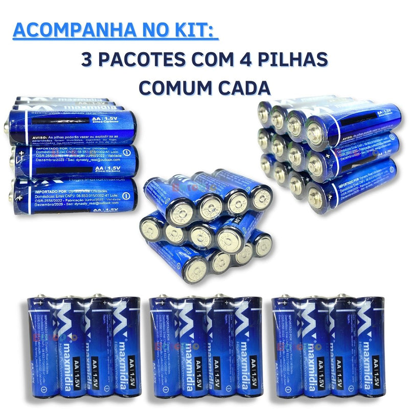 Kit 12 Pilhas Aa Normal Comum Aaa Palito 3 Cartelas C/4 Un