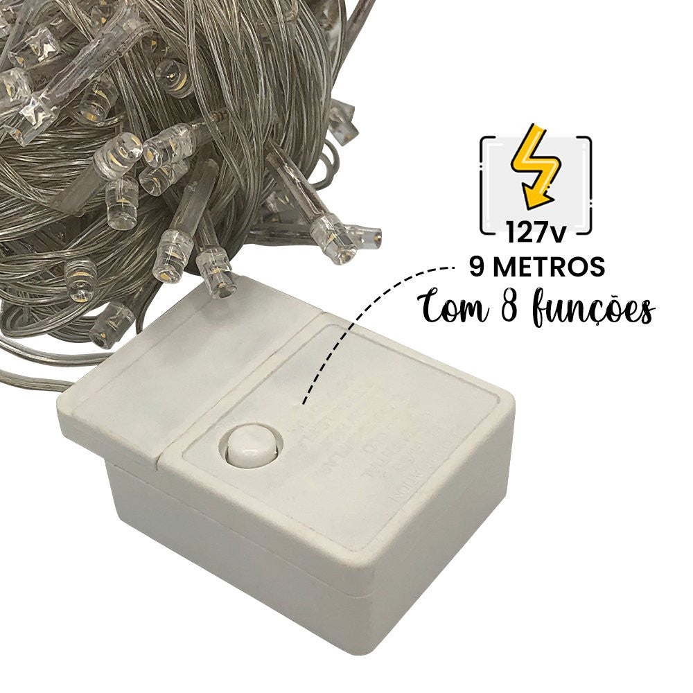 Pisca Pisca com 100 LEDs de 9 Metros com 8 Funções - 127v Branco Frio