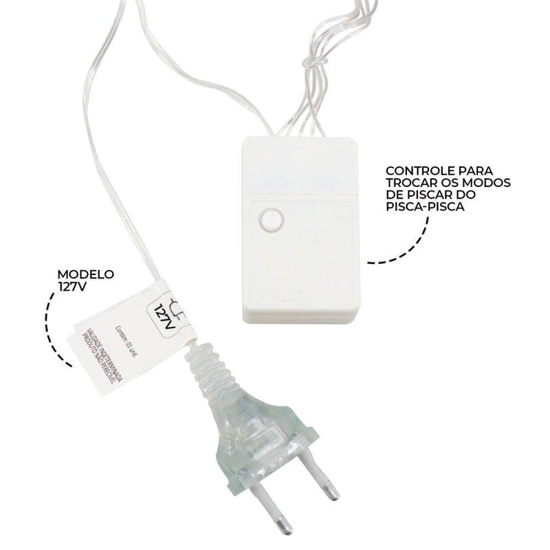 Cascata em V Estrela Natal 3 Metros 8 Funções 136 LEDs Branco Quente 110v