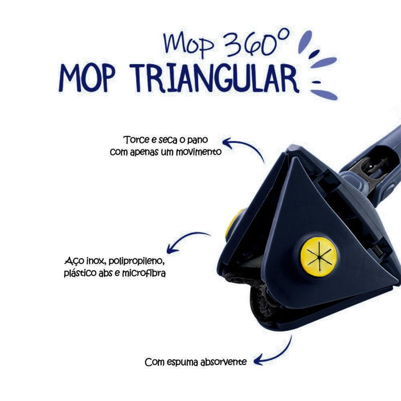 Mop De Limpeza Triângulo Ajustável Giratório 360°