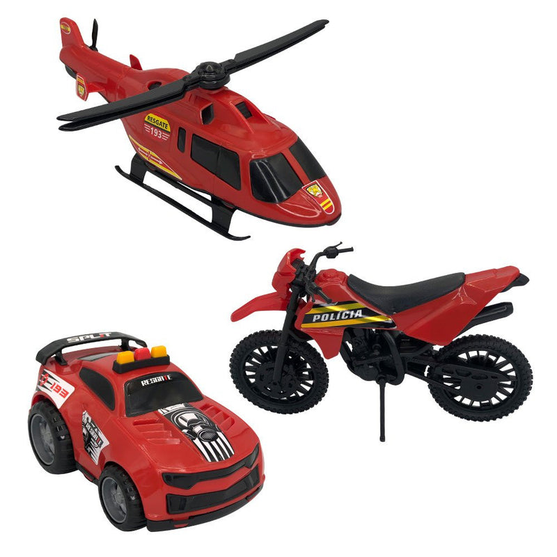 Triplo BS Kit de Brinquedos de Polícia com Carro, Moto e Helicóptero - Vermelho