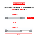 Par Amortecedor Pistão Gás Porta Móveis Armários 784n/80kgf - UN / 2