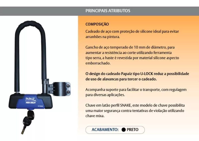 Cadeado Trava Tipo U-lock Ul 10/285 Bicicleta Moto Papaiz