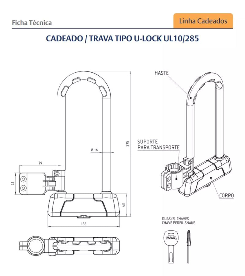 Cadeado Trava Tipo U-lock Ul 10/285 Bicicleta Moto Papaiz