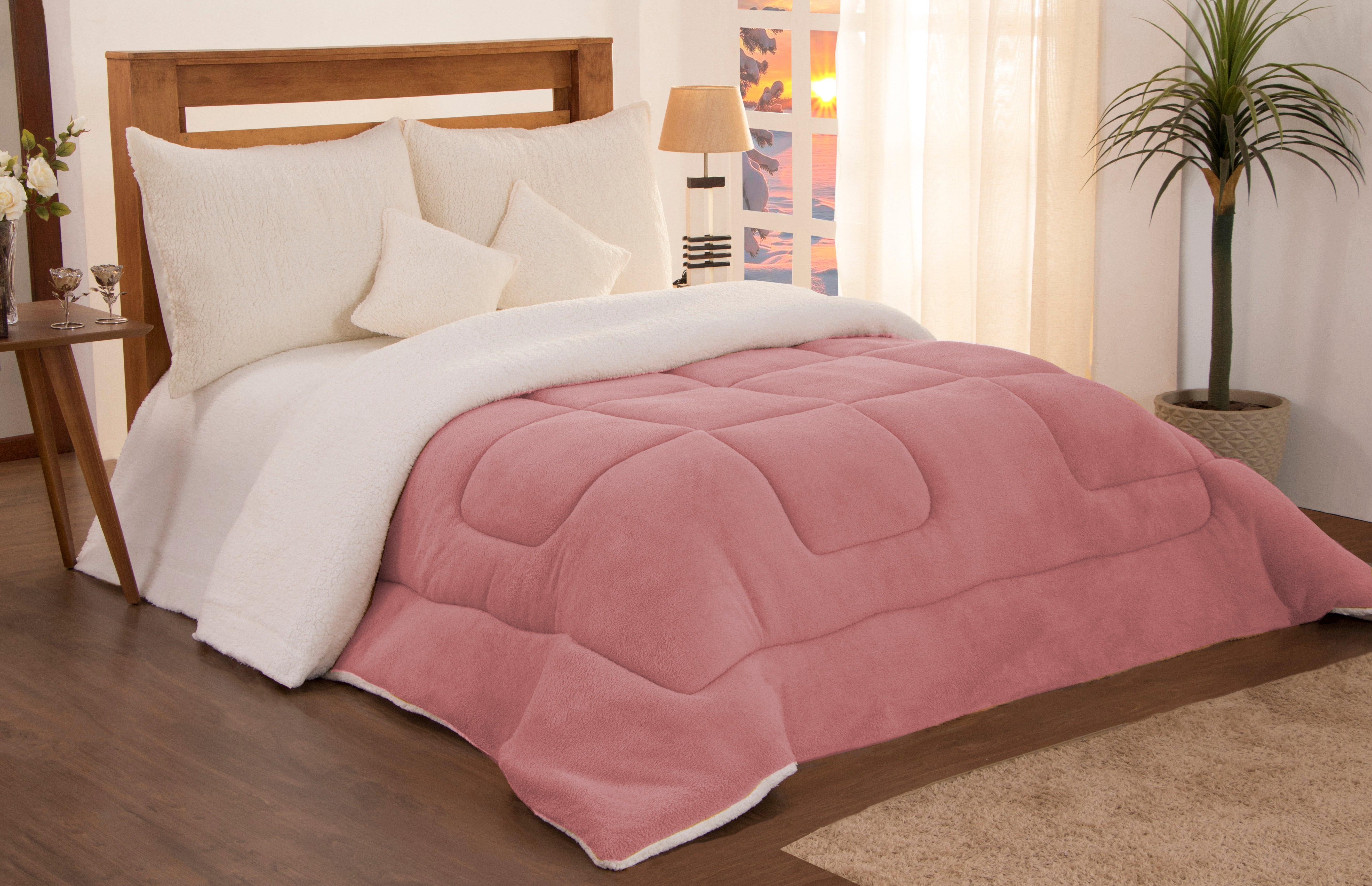 Edredom Coberdrom Solteiro Sherpa Pele De Carneiro C/ Soft Rose