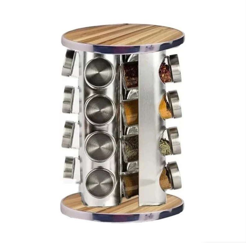 Torre De Porta Temperos Condimentos Giratório Inox 16 Potes Base Giratório