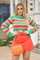 Blusa Tricot Manga Longa Geométrica Listrada