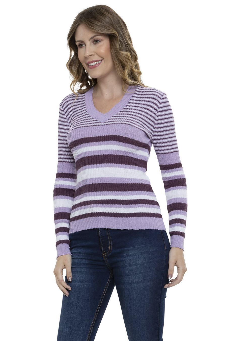 Blusa Tricot Manga Longa Listra Gola V