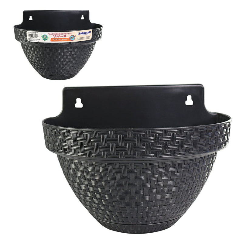 Vaso de Parede Meia Lua Rattan 3 Litros Preto