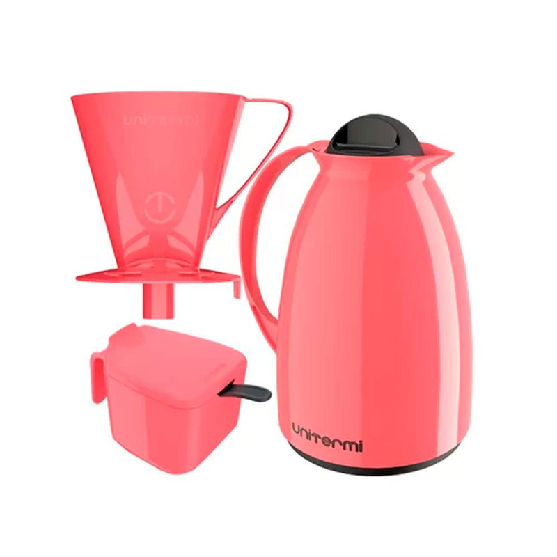 Garrafa Termica Café Kit Pratico Açucareiro + Suporte Filtro Cor Rosa